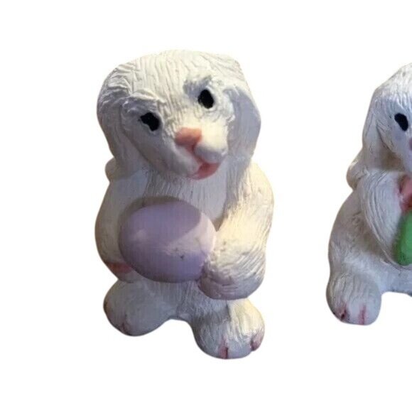 Easter Rabbit Set Of 4 White Resin Bunny Figurines Pink Green Accents Miniature - Picture 5 of 11